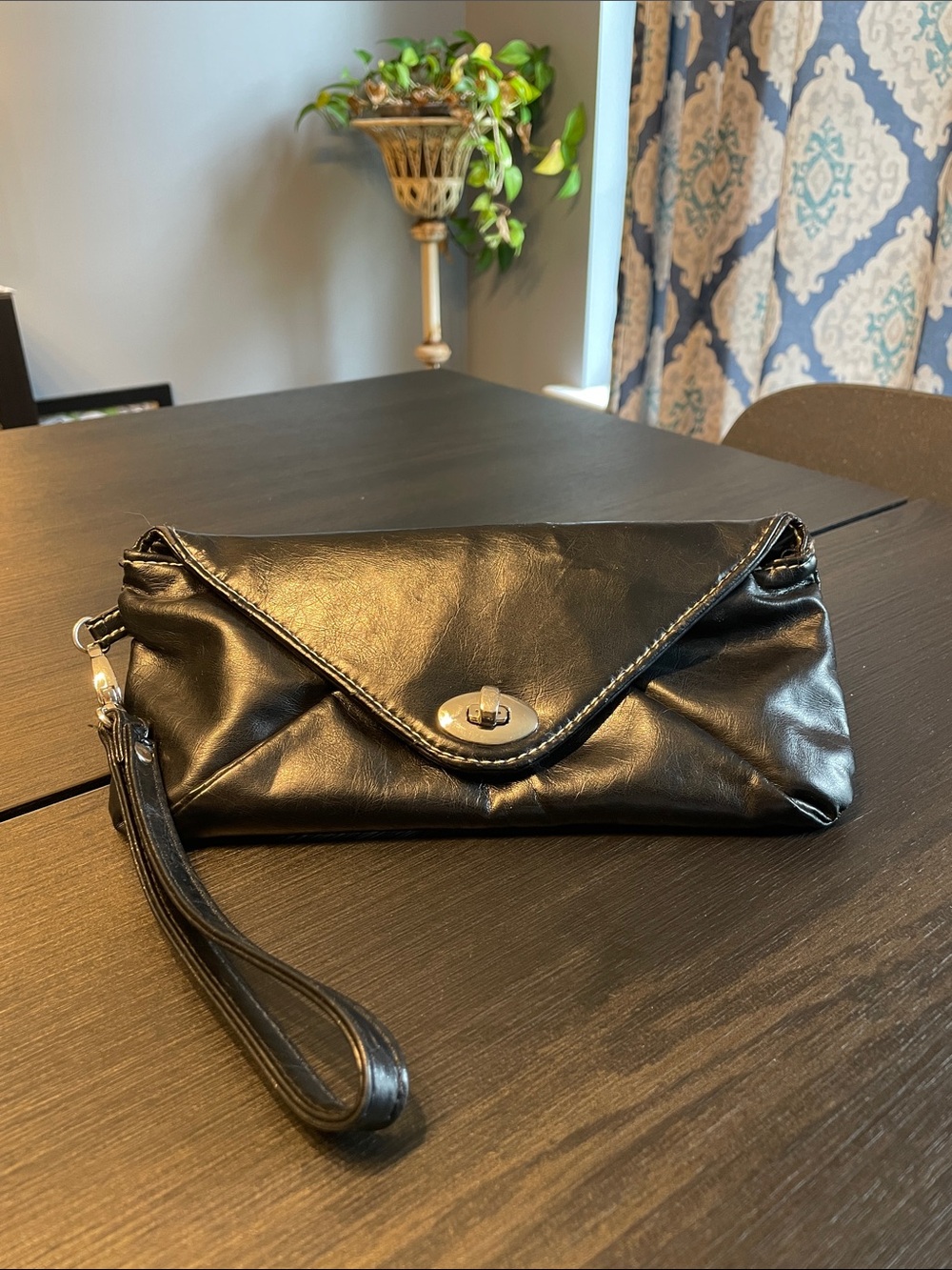 Black Leather Wristlet Clutch - Sleek Envelope Design